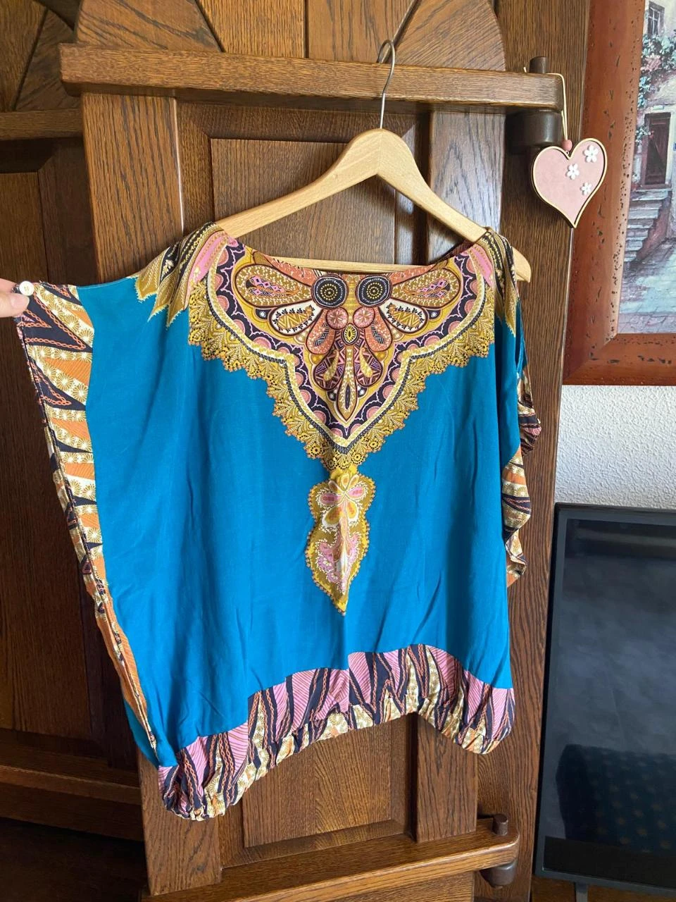 Blusón, caftán estilo étnico, azul turquesa y dorado - SuiteBlanco. Talla Única – photo 3
